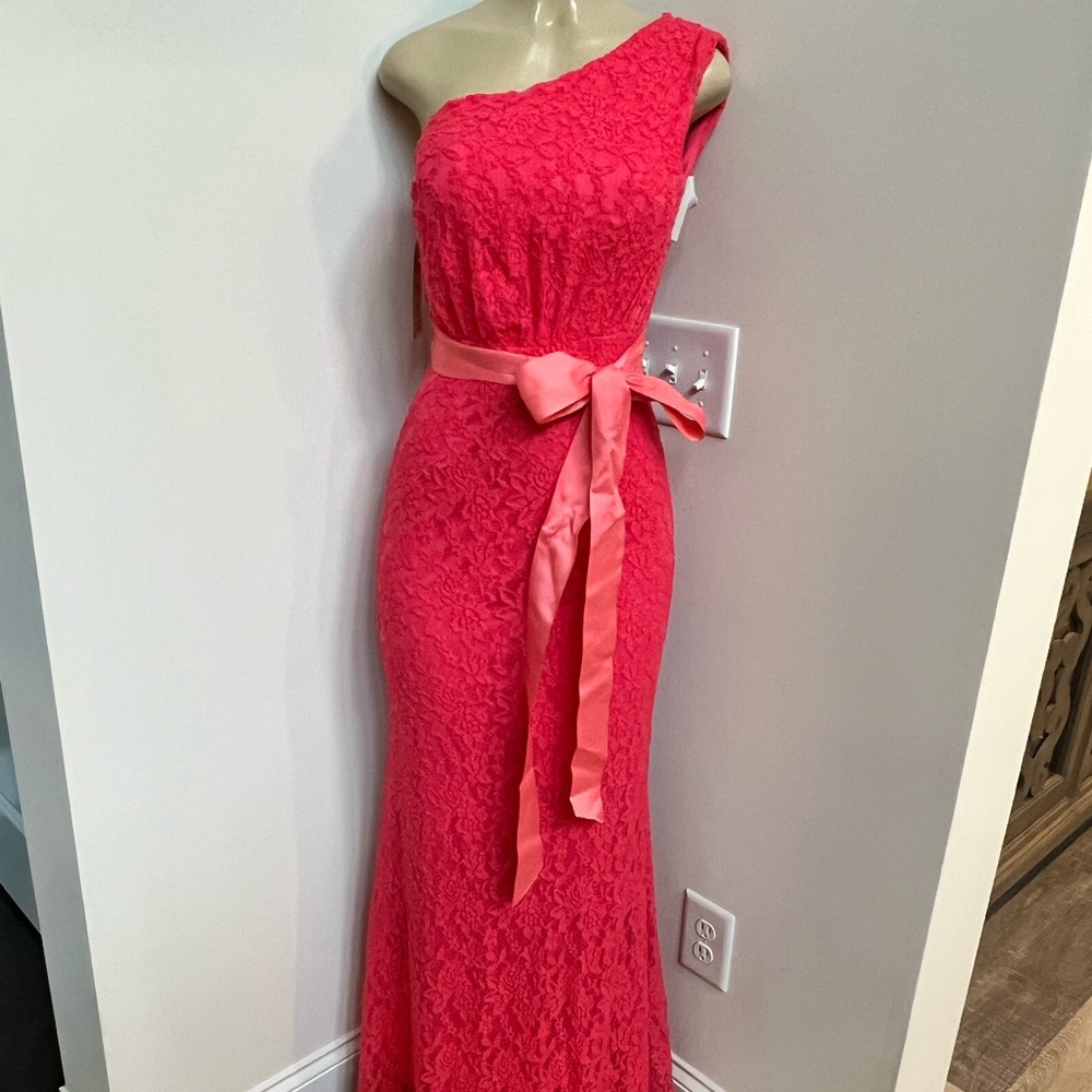 Juno coral one shoulder lace gown dress